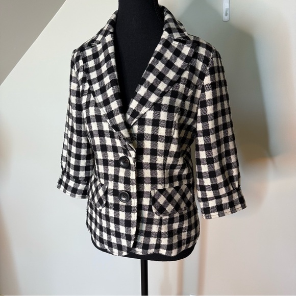 BURLAPP ANTHROPOLOGIE Wool Checker Plaid Blazer Jacket Gingham 3/4 Sleeves Sz 8 - Picture 2 of 10